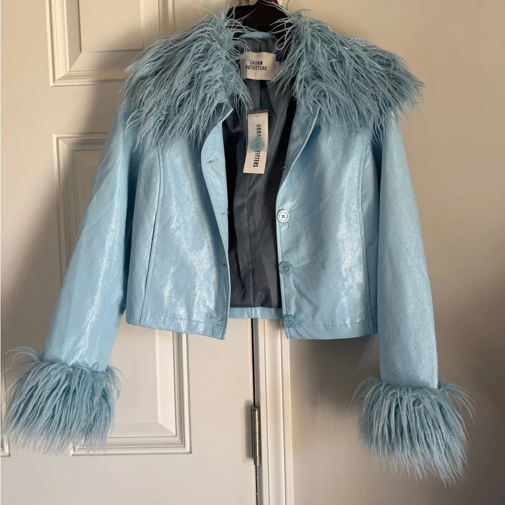 Urban Outfitters Pale Blue Faux Leather Jacket with Feather Trim - Picture 1 of 3